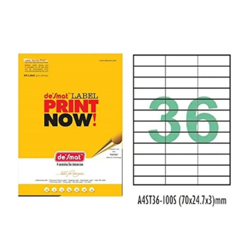 Desmat A4 Labels – 36 per Sheet | Self-Adhesive | Pack of 100 Sheets