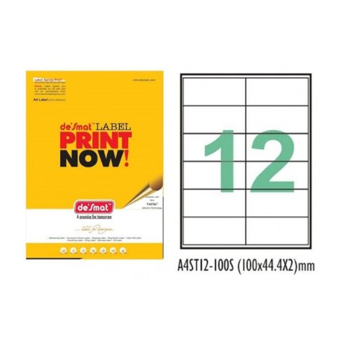 Desmat A4 Labels – 12 per Sheet | Self-Adhesive Label Paper | 100 Sheets